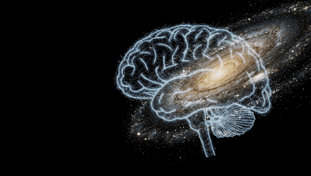 Science and spiritual ascension: a glowing neural network brain merging into a spiral galaxy