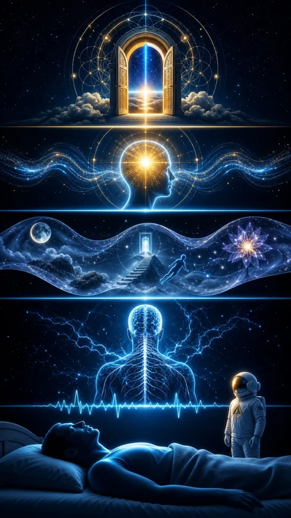 Sleep paralysis spiritual meaning infographic with body asleep mind awake dream imagery nervous system and symbol layers