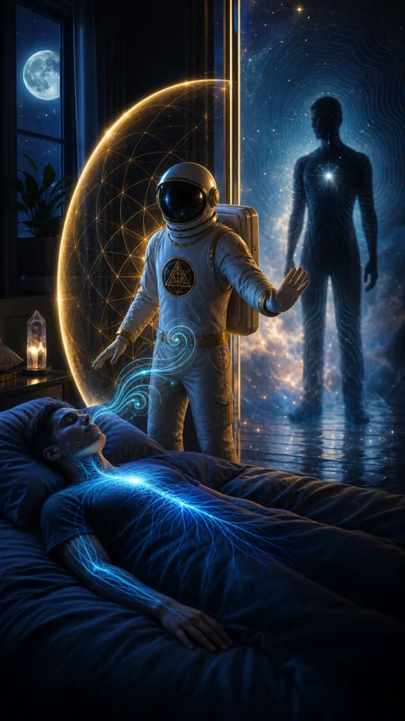 Sleep paralysis spiritual meaning symbolism image with astronaut host observing a shadow figure as nervous system symbolism