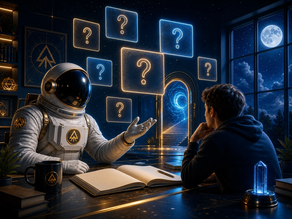 Sleep paralysis spiritual meaning FAQ image with question cards threshold symbols and COA Astronaut Host