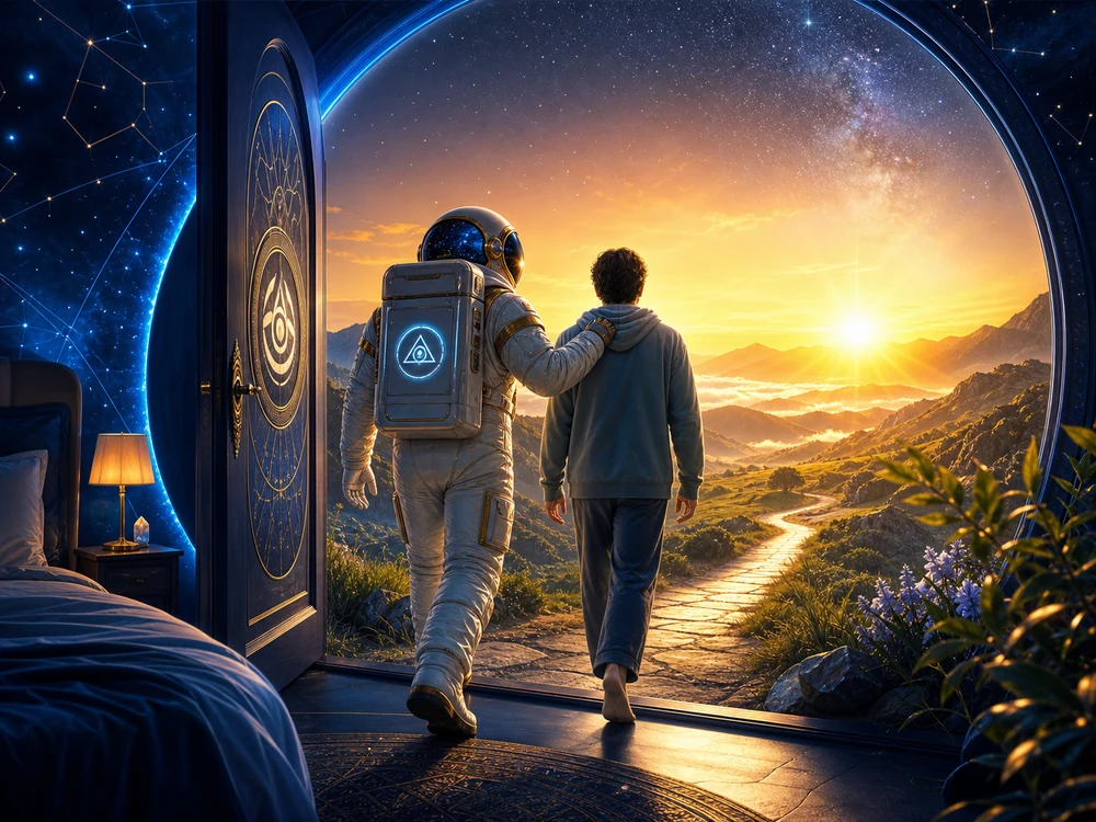 Sleep paralysis spiritual meaning closing image with astronaut host guiding seeker from dark threshold into sunrise