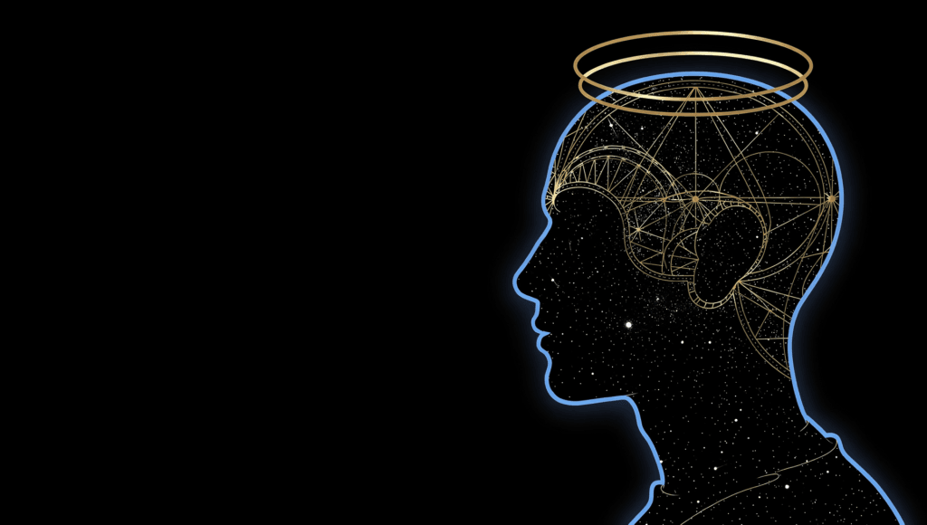 Spiritual ascension meaning: a human head silhouette containing a galaxy, surrounded by rings of light representing levels of consciousness