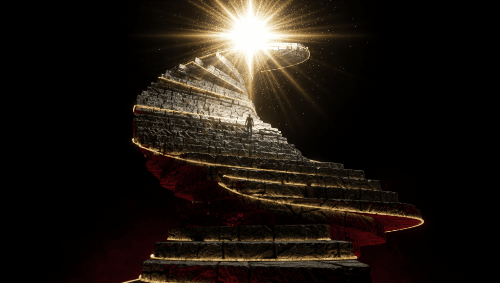 Stages of spiritual ascension: a spiral staircase climbing through violet nebula clouds toward a golden star