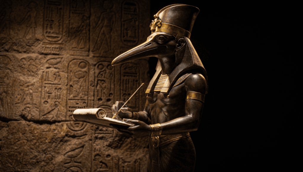 Thoth, the ibis-headed divine scribe, recording the verdict with a reed pen