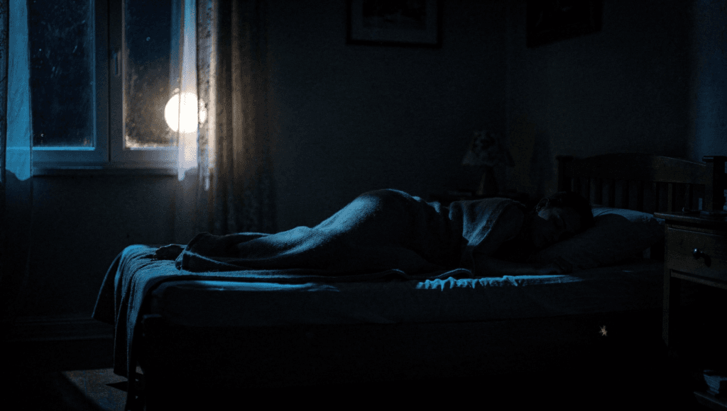 Visitation dream: a person sleeping in blue moonlight with a soft glow of presence near the window