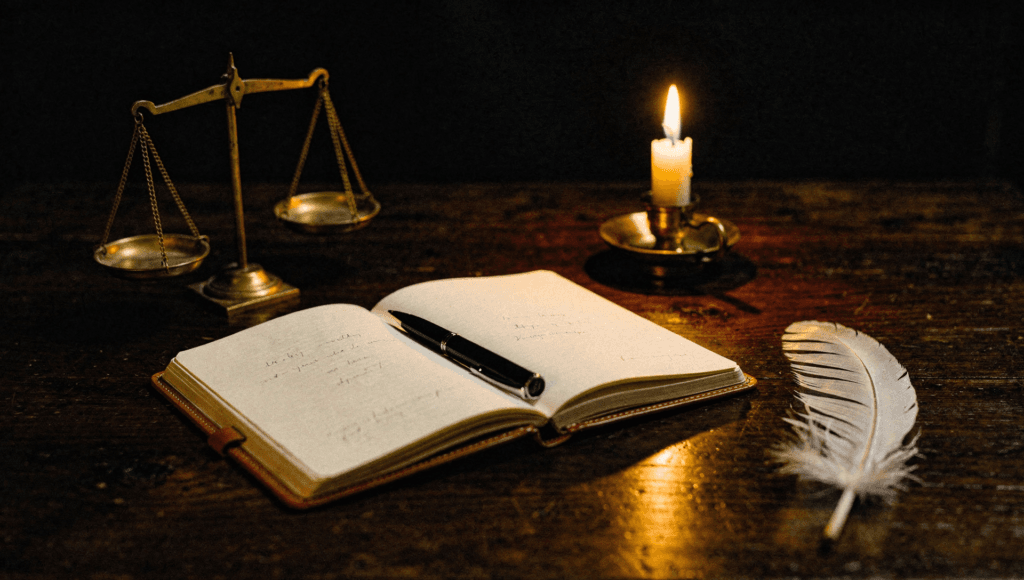 Weighing your heart today: a journal, candle, small balance scale and white feather