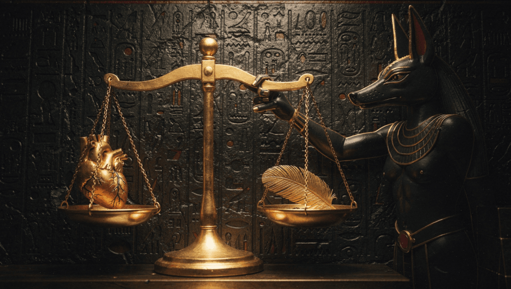 Egyptian afterlife: Anubis weighing the heart against the feather of Maat on a golden scale