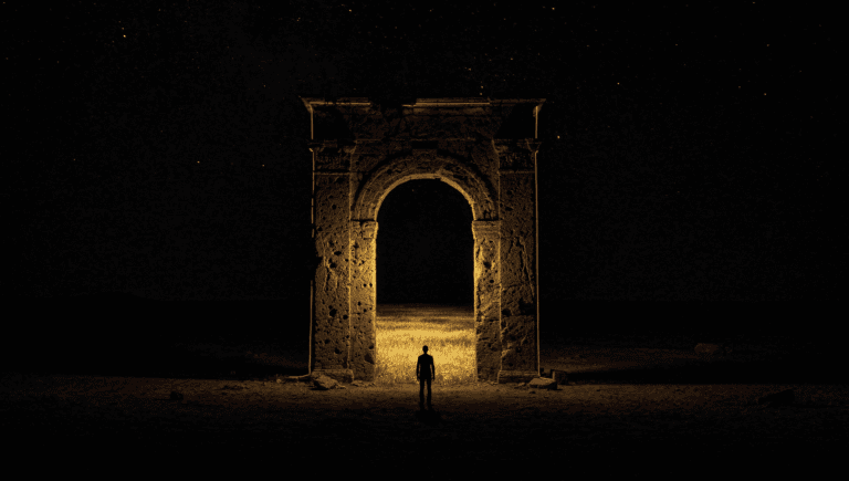 Illustration of a figure at a glowing stone doorway