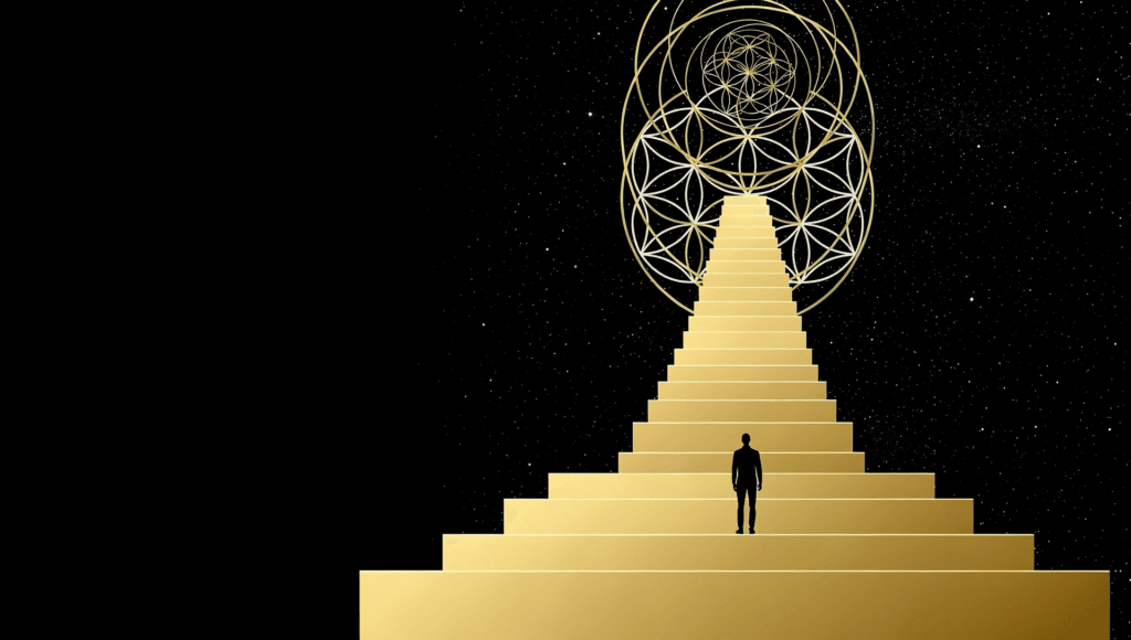 What is spiritual ascension: a lone figure at the foot of a golden staircase rising toward Flower of Life sacred geometry in a black starfield