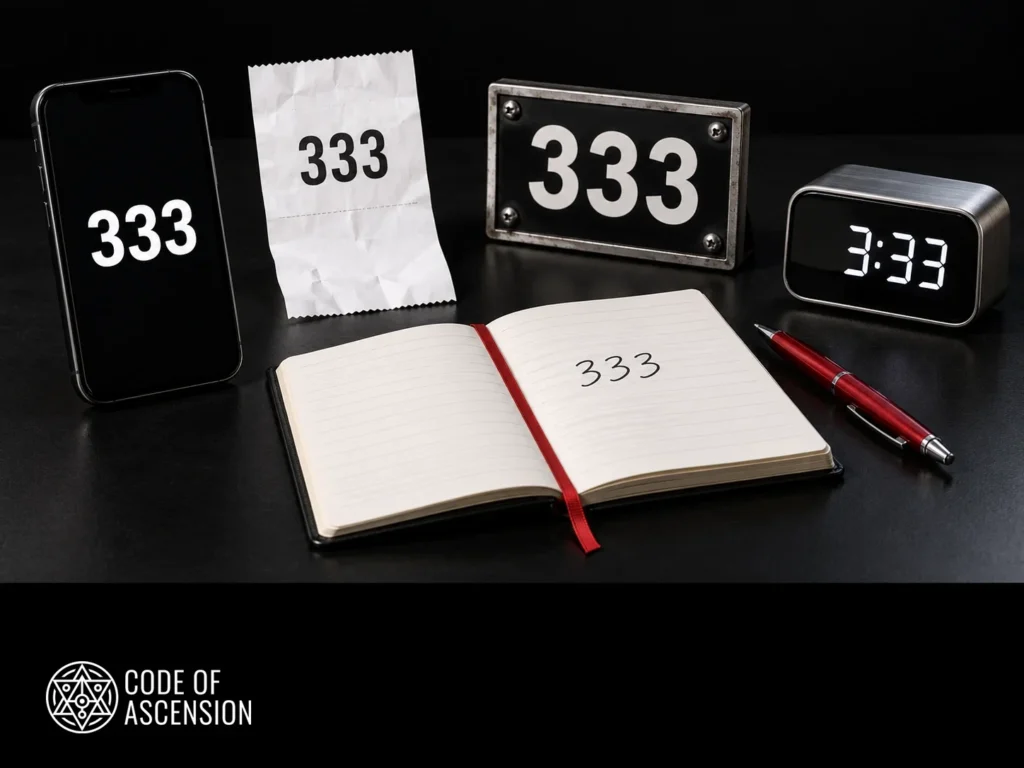 फोन, रसीद, नोटबुक और संख्या-पट्ट पर 333; डिजिटल घड़ी पर 3:33।