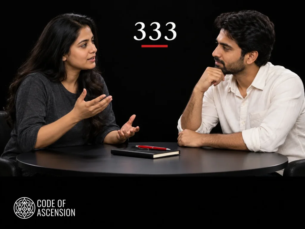 काली मेज़ पर एक महिला बोल रही है और एक पुरुष ध्यान से सुन रहा है; ऊपर 333 है।