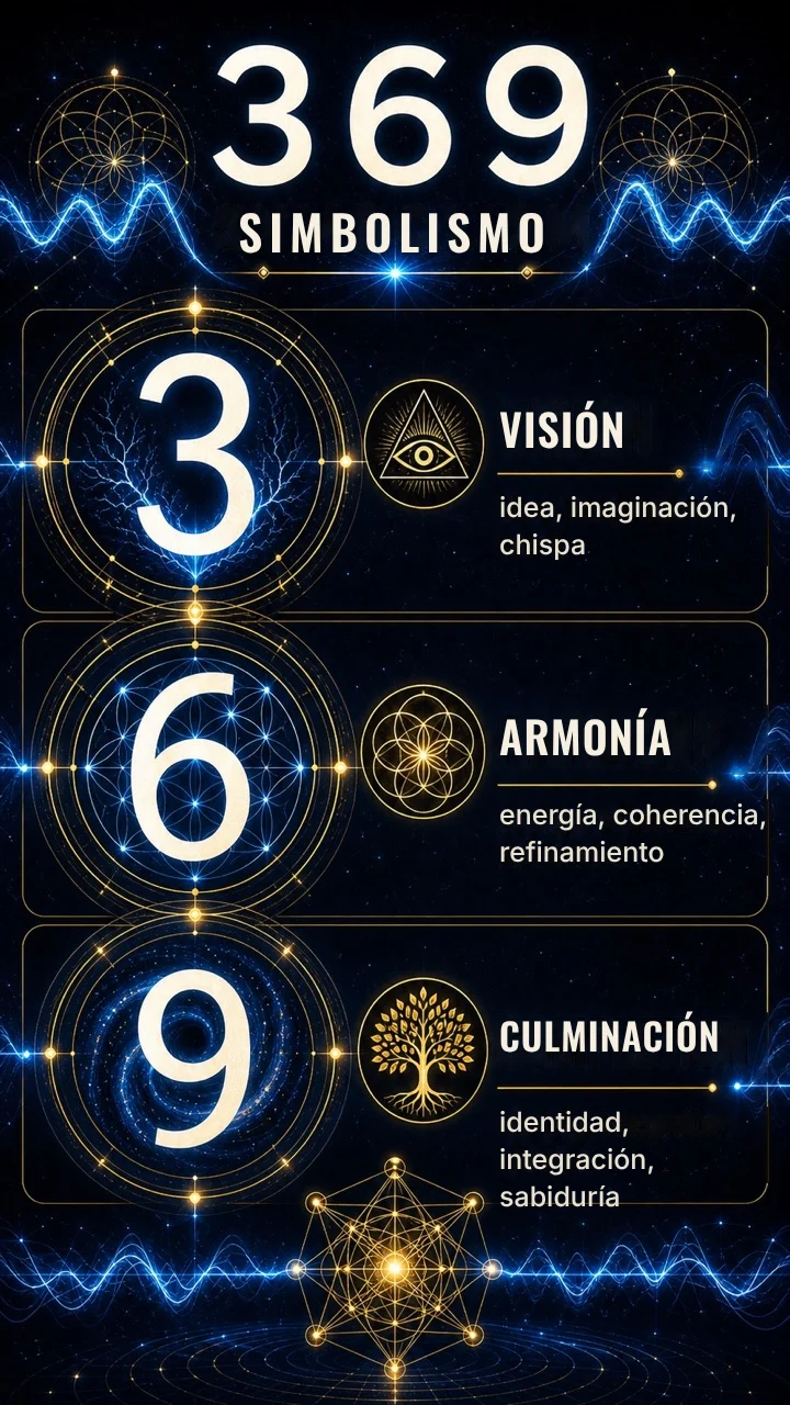 Infografía del simbolismo del 369: 3 visión, 6 armonía, 9 culminación