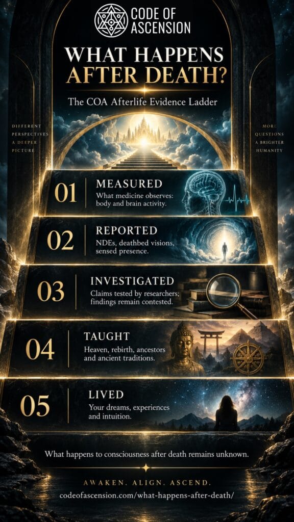 The COA Afterlife Evidence Ladder infographic: measured, reported, investigated, taught and lived