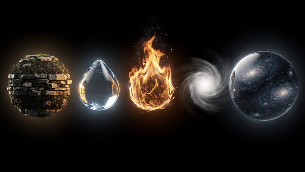 Akasha and the five elements: earth, water, fire, air and a luminous orb of space floating in a dark void