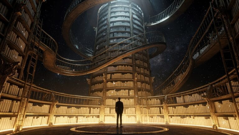 Illustration of a figure in a vast cosmic library