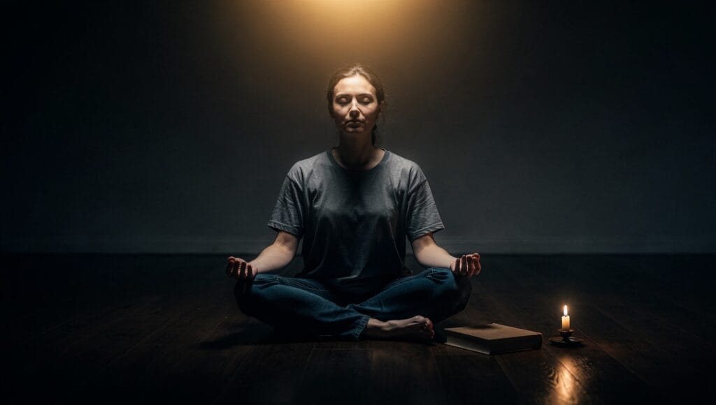 Accessing the Akashic Records through meditation: a person meditating in a dark room beside a candle and a closed book