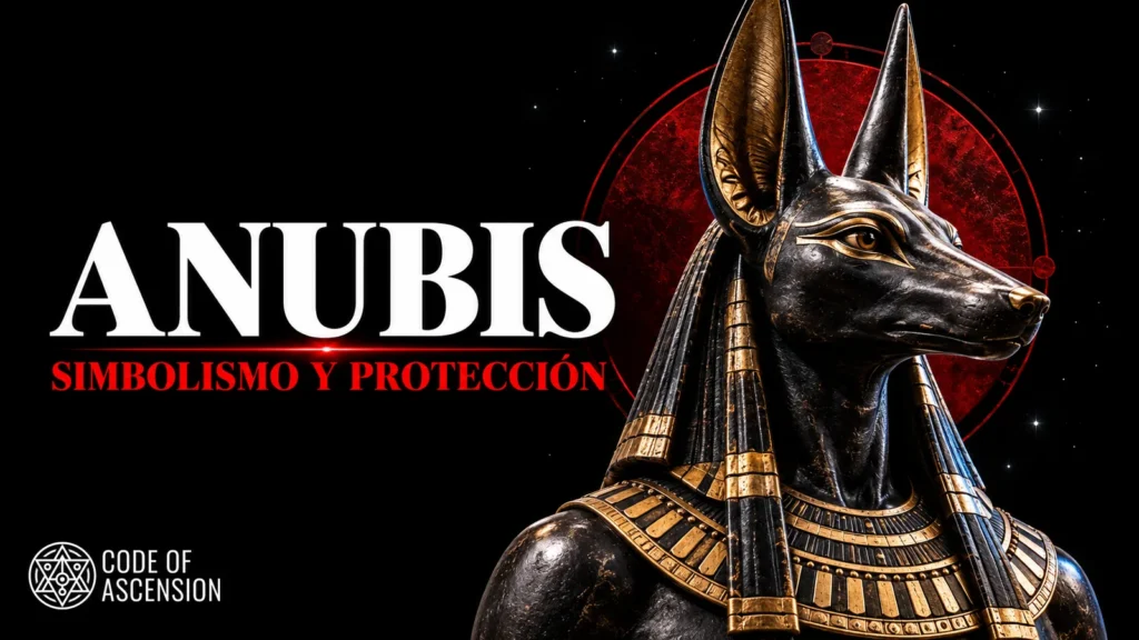 Busto negro y dorado de Anubis ante un círculo rojo, con el título «Anubis: simbolismo y protección».
