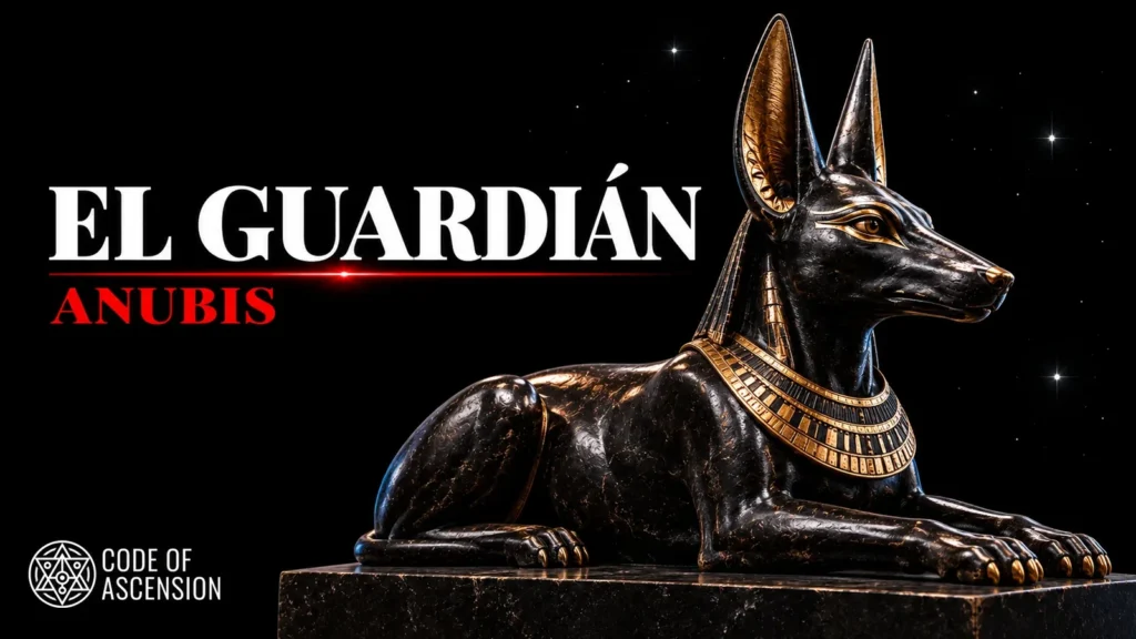 Estatua de Anubis como chacal recostado, con detalles dorados sobre fondo negro y el título «El guardián: Anubis».