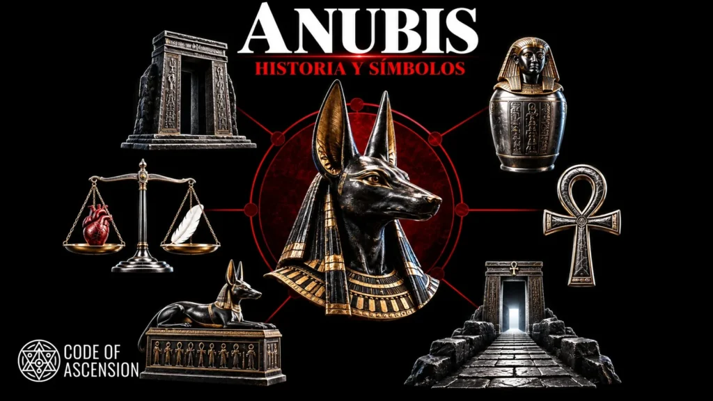 Anubis rodeado de una balanza con corazón y pluma, un ankh, un vaso canopo y portales egipcios, bajo «Historia y símbolos».