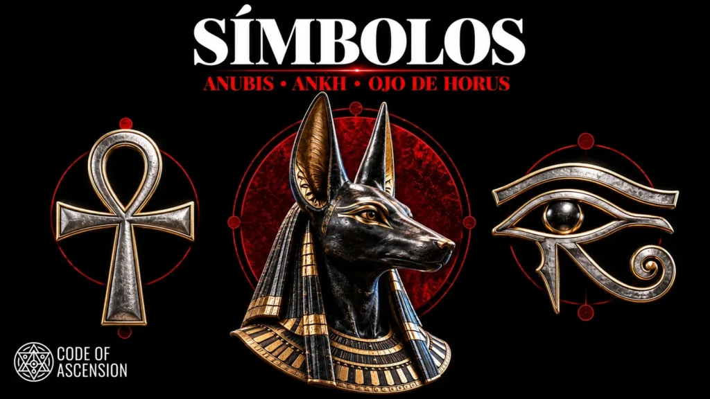 Un ankh, el busto de Anubis y el ojo de Horus sobre círculos rojos y fondo negro, con el título «Símbolos».