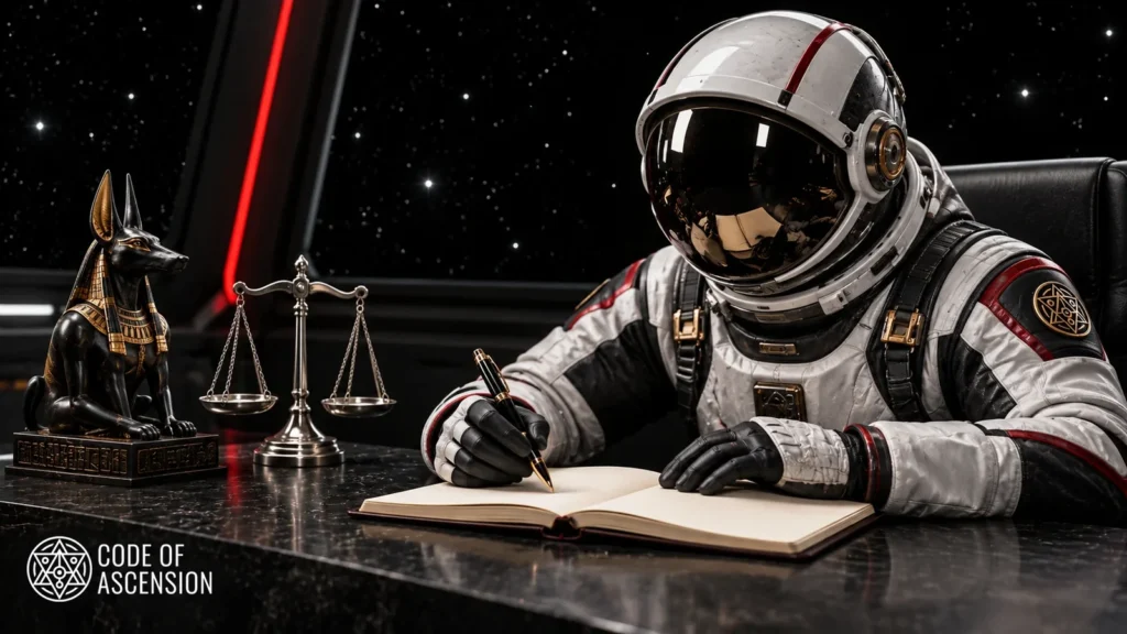Astronauta con casco escribiendo en un cuaderno, junto a una estatua de Anubis y una balanza, en una cabina espacial negra y roja.