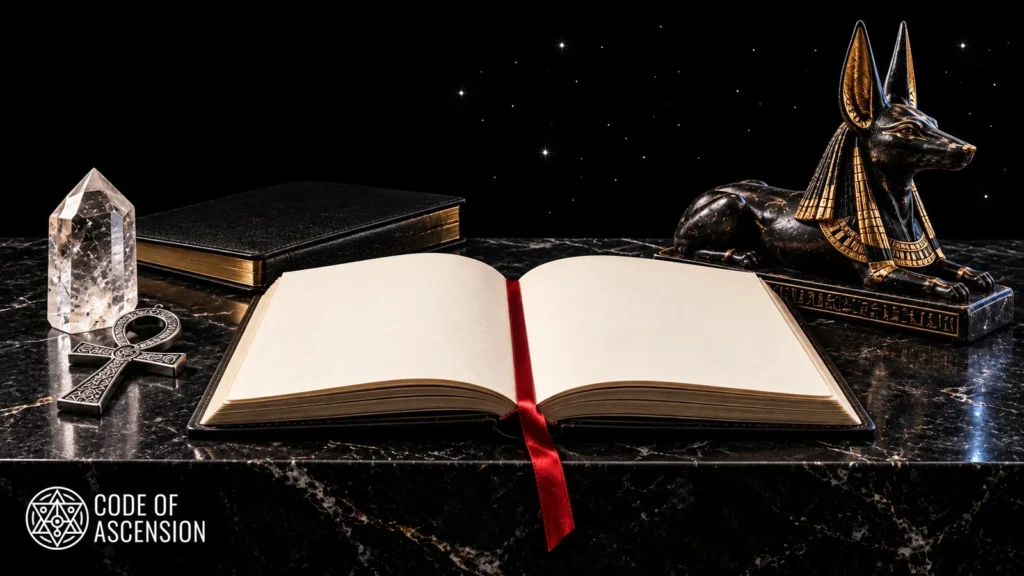 Diario abierto de páginas en blanco con cinta roja, acompañado de un ankh, un cristal y una estatua de Anubis sobre mármol negro.