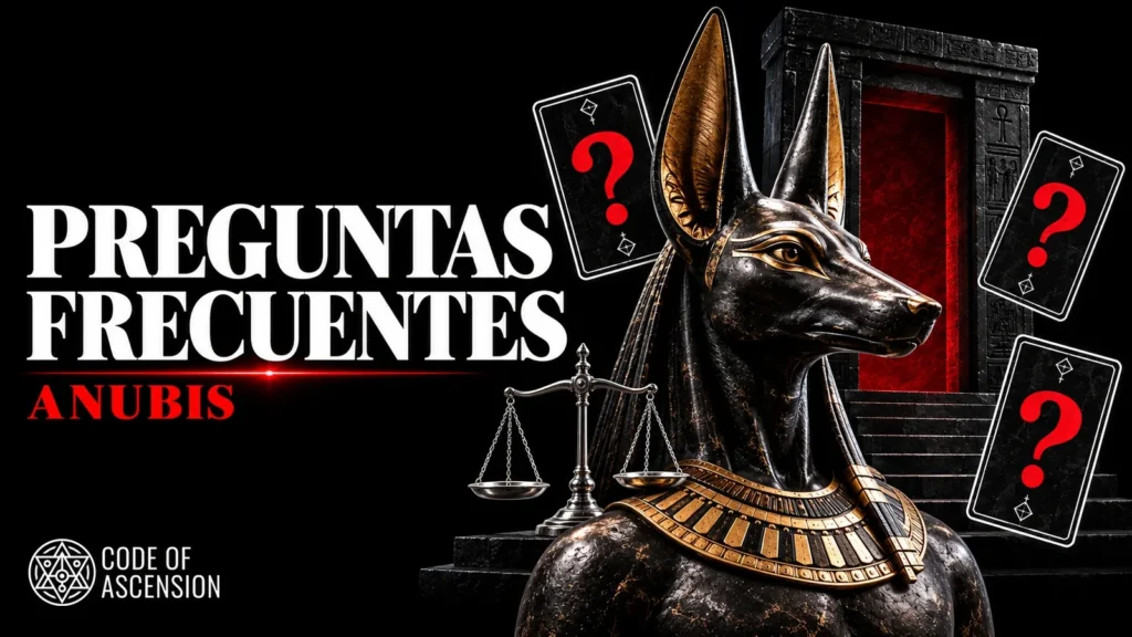 Busto de Anubis con balanza, portal rojo y tarjetas con signos de interrogación, junto al título «Preguntas frecuentes: Anubis».