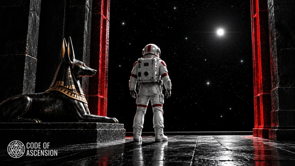 Astronauta de espaldas ante un portal negro y rojo abierto al espacio, con una estatua de Anubis a su izquierda.