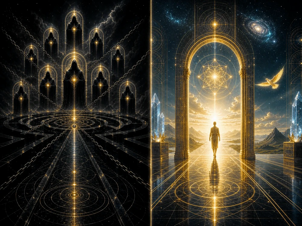 Split image of a figure in a chained hall of arches beside a figure walking through a bright golden doorway