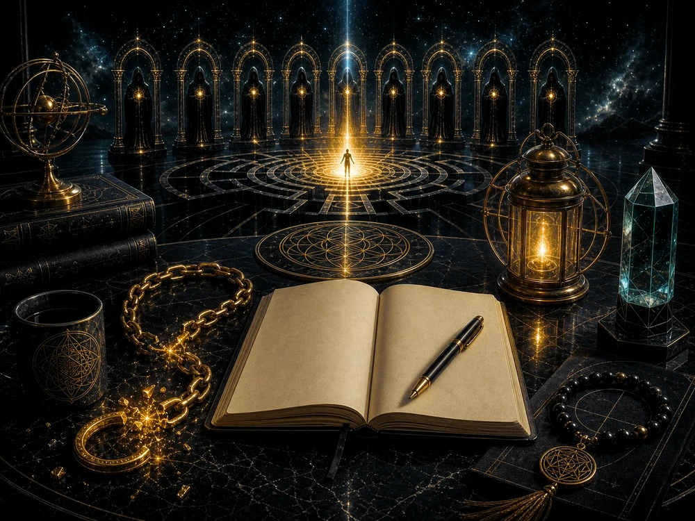Open journal and pen on a dark table with chains, candle lantern and crystal under seven arches