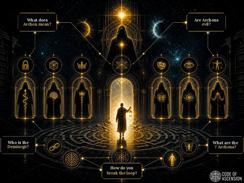 Illustrated Archons FAQ panel: what Archon means, whether Archons are evil, who the Demiurge is, what the 7 Archons are, and how to break the loop
