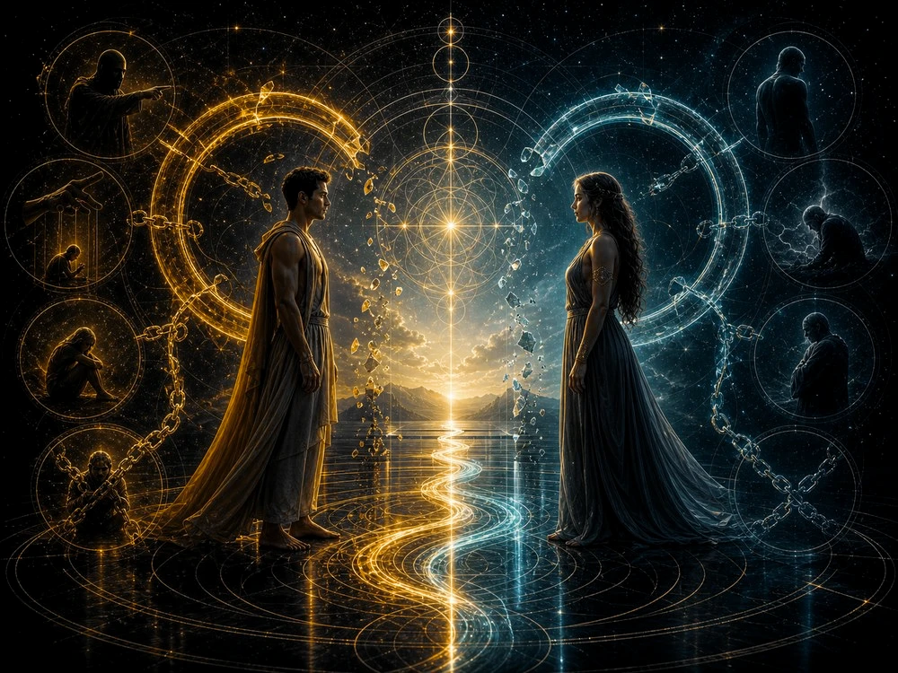 Two figures facing each other across a reflective floor, surrounded by golden circles and chains