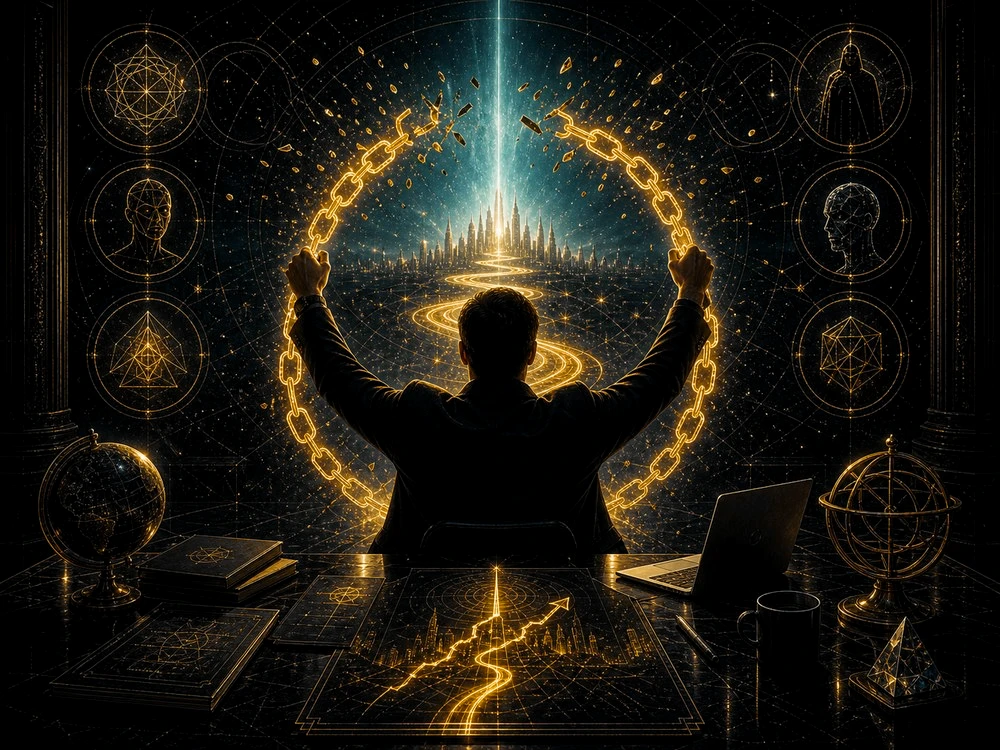 Silhouette at a desk raising arms inside a ring of golden chains
