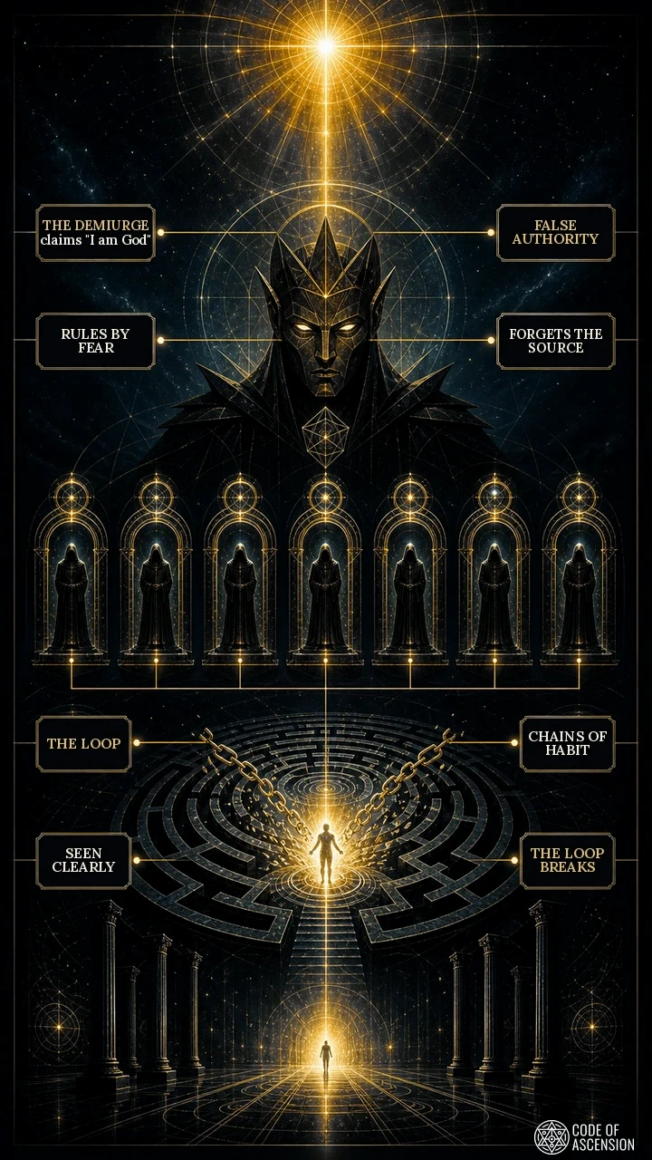 Illustration of Archon symbolism: the Demiurge claiming I am God above, false authority, rule by fear, chains of habit, and the loop breaking when it is seen clearly