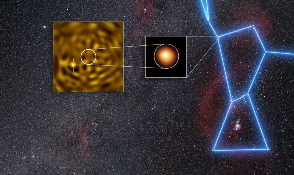 VLT/SPHERE image of Betelgeuse with the star's light removed, revealing a faint companion, inset over a wide view of Orion