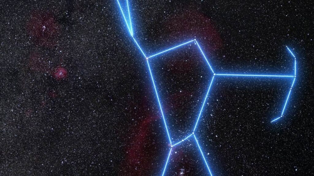 Orion with Betelgeuse at the hunter's shoulder, from ESO's zoom sequence