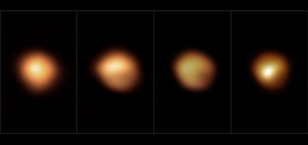 Four VLT/SPHERE images of Betelgeuse from January 2019 to March 2020 showing its southern half darkening during the Great Dimming