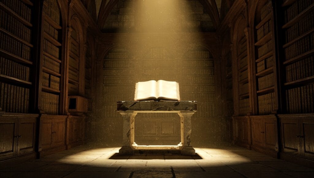 Book of your life reflection: an open glowing book on a stone lectern in a golden library hall