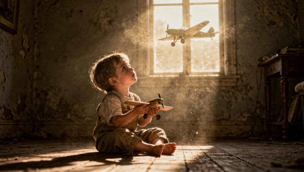 Children who remember past lives: a toddler holding a toy airplane gazing at a window of golden light