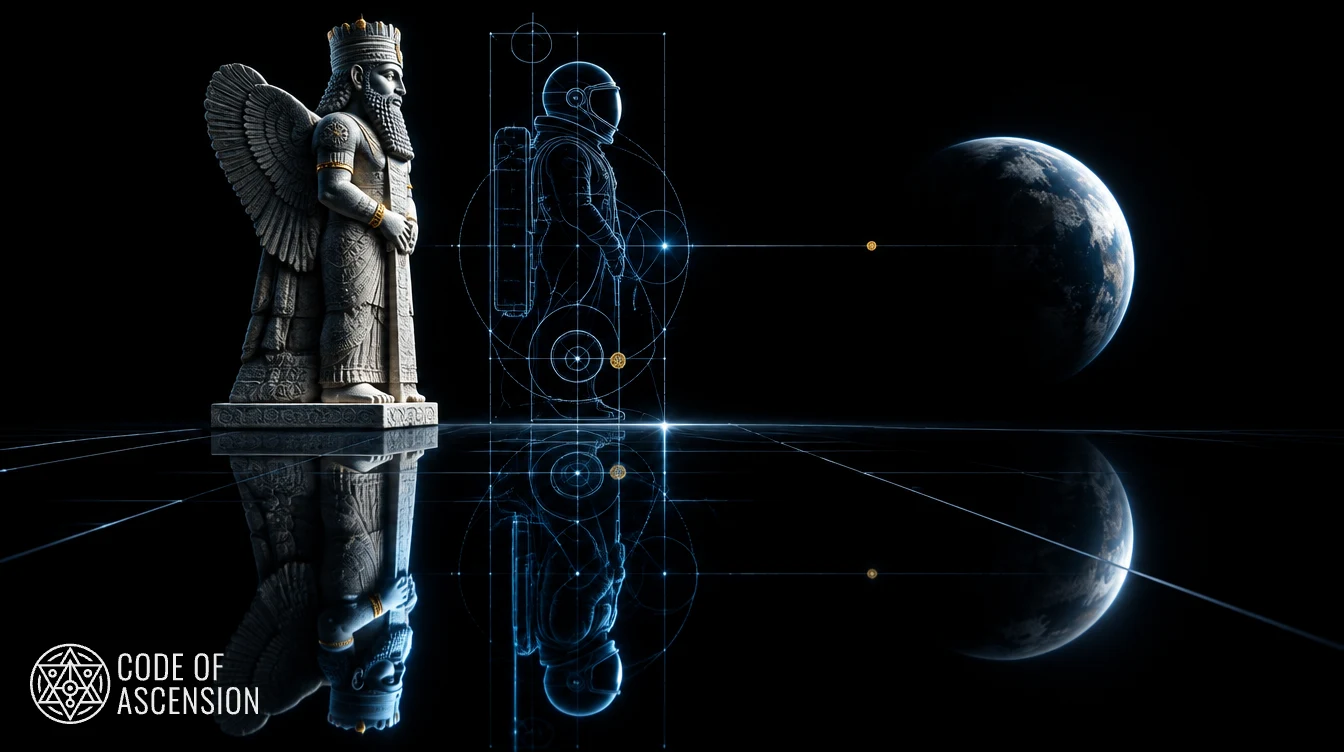 A winged Mesopotamian stone statue beside a glowing blue blueprint outline of an astronaut and a distant planet, reflected in a black mirror floor.