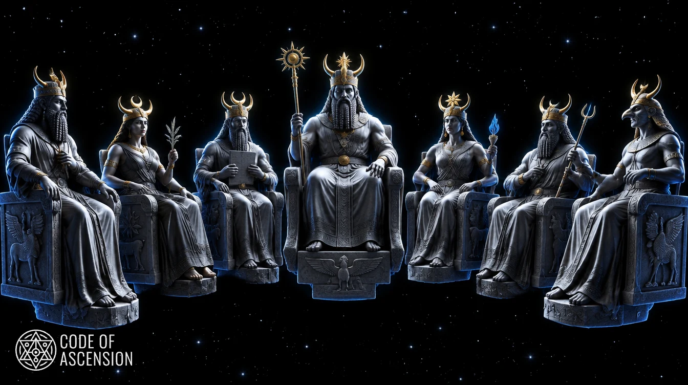 Symbolic artwork of seven crowned Mesopotamian deities seated on carved stone thrones in a semicircle, floating in black starry space.