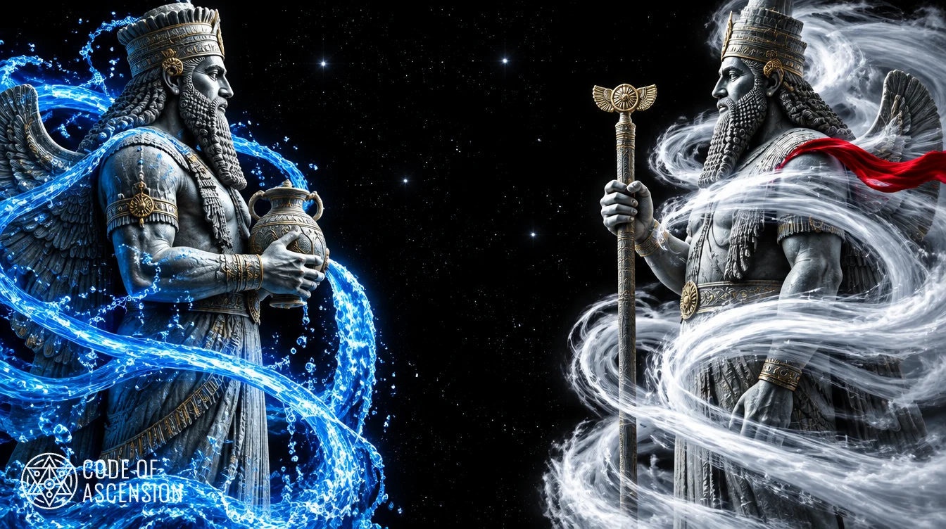 Two Mesopotamian stone god statues in space: Enki wrapped in glowing blue fresh water holding a vessel, and Enlil wrapped in white wind holding a staff.