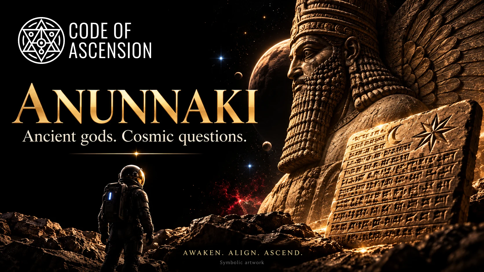 Symbolic artwork of an astronaut facing a Mesopotamian-style winged deity statue and a glowing cuneiform tablet under a starry sky, titled Anunnaki: Ancient gods. Cosmic questions.