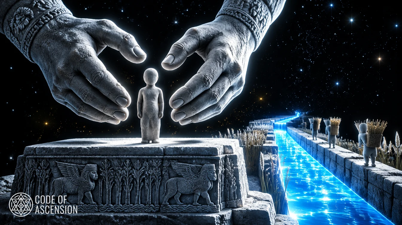Large carved stone hands shaping a small clay human figure on a stone altar beside a glowing blue canal, with small clay figures carrying baskets in the distance.