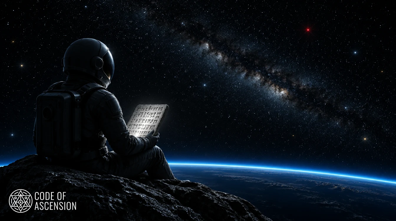 A helmeted astronaut seen from behind sitting on a rock above Earth, holding a softly glowing cuneiform tablet under the Milky Way.