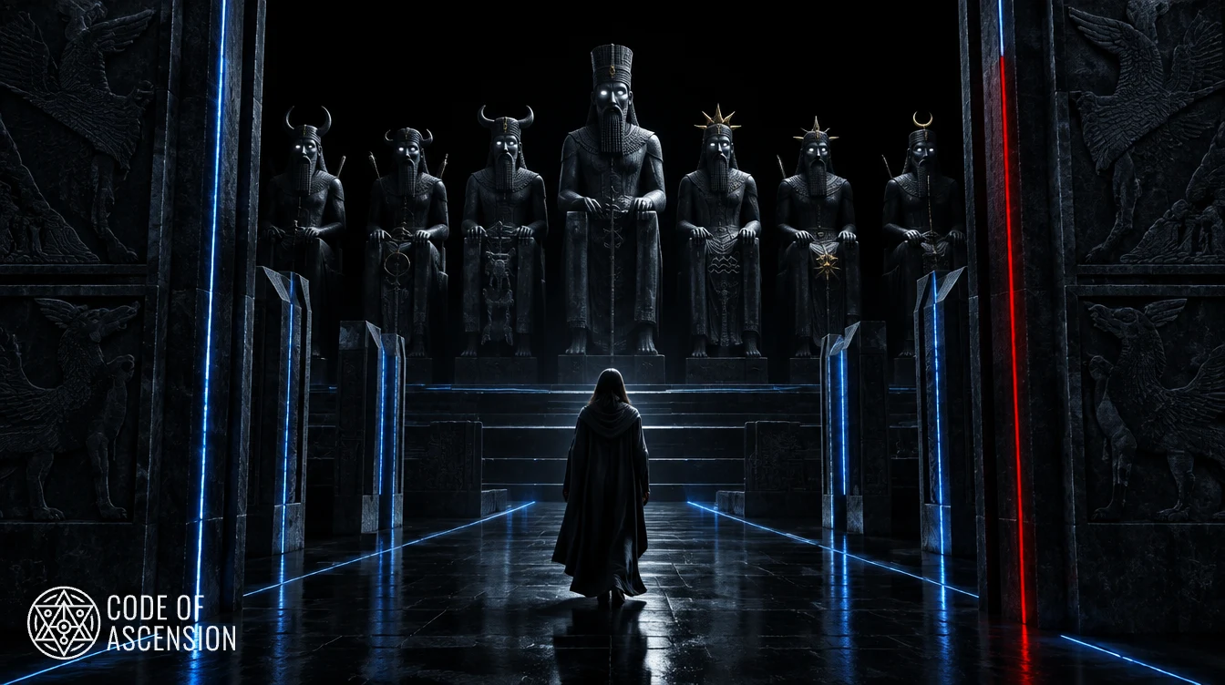 A cloaked figure seen from behind walking through a dark stone gate toward seven seated stone judges with glowing eyes in an underworld hall.