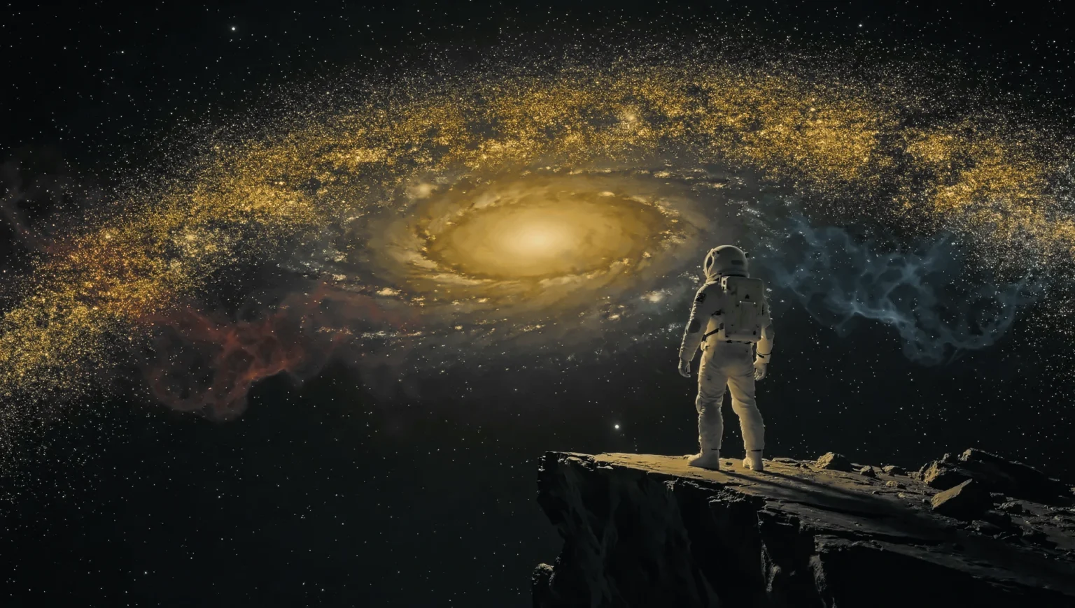 The Code of Ascension Astronaut Host standing on a cliff edge facing a golden spiral galaxy