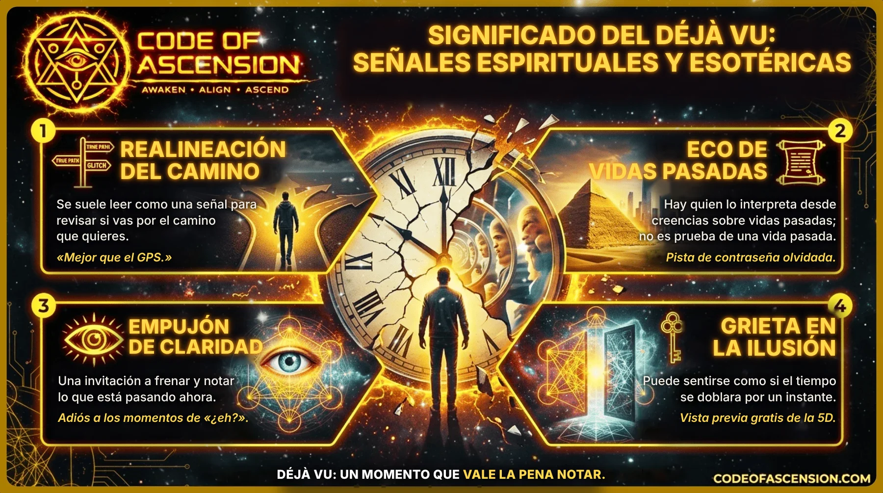 Infografía de Code of Ascension: cuatro lecturas espirituales del déjà vu: realineación del camino, eco de vidas pasadas, empujón de claridad y grieta en la ilusión