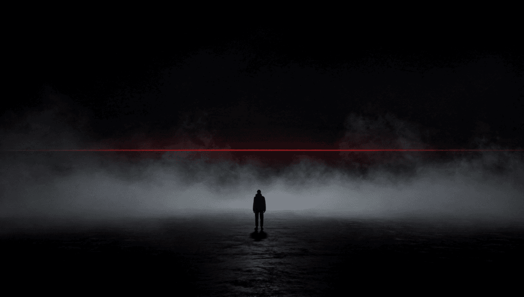 Distressing near-death experience: a lone figure in a dark empty void with a thin crimson horizon