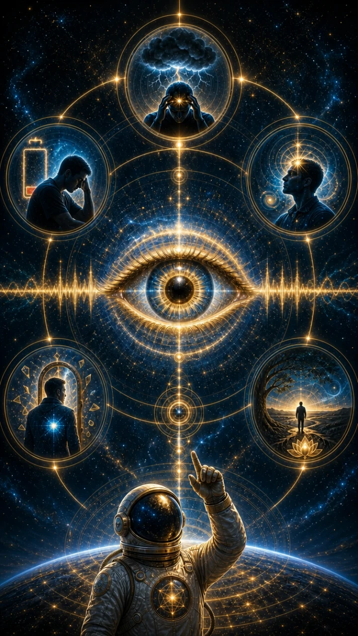 eye twitching spiritual meaning infographic with stress fatigue intuition emotional truth and discernment symbols